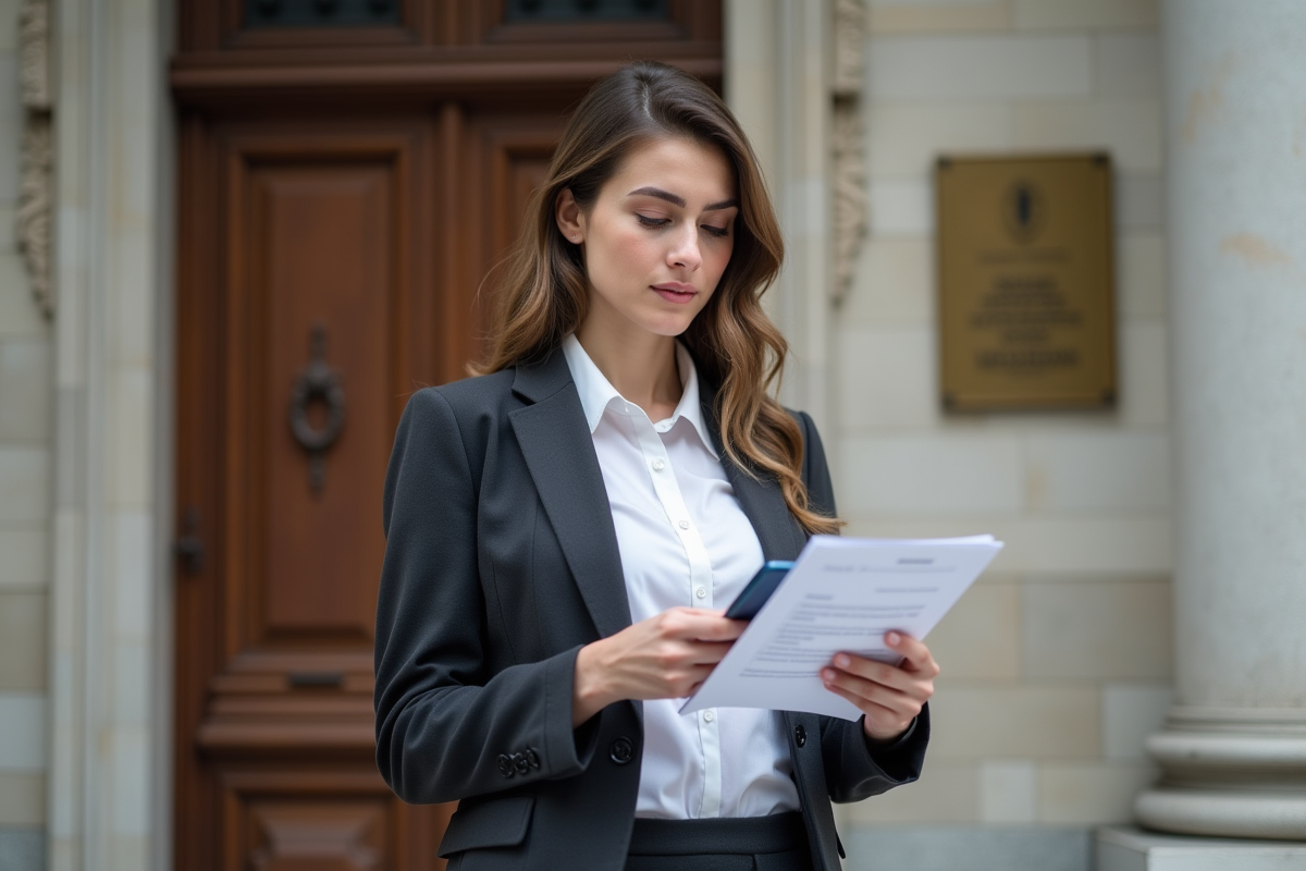 Jeune femme artisan vérifiant documents devant bâtiment officiel