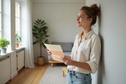 Jeune femme tenant des échantillons de peinture dans un salon moderne