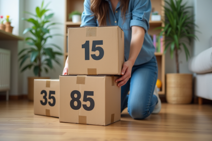 Jeune femme arrangeant des cartons dans un salon lumineux