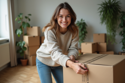 Jeune femme souriante emballant une boxe dans un appartement