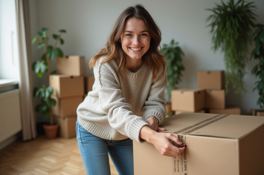 Jeune femme souriante emballant une boxe dans un appartement