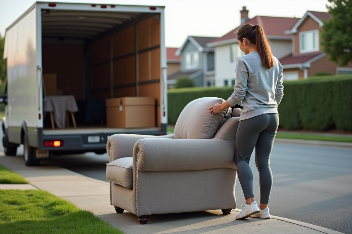 Jeune femme attache un fauteuil dans une camionnette de déménagement