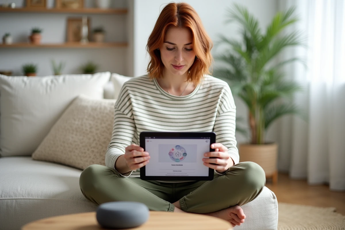 Jeune femme consultant un tutoriel de configuration Home bubble en français sur une tablette dans un salon scandinave