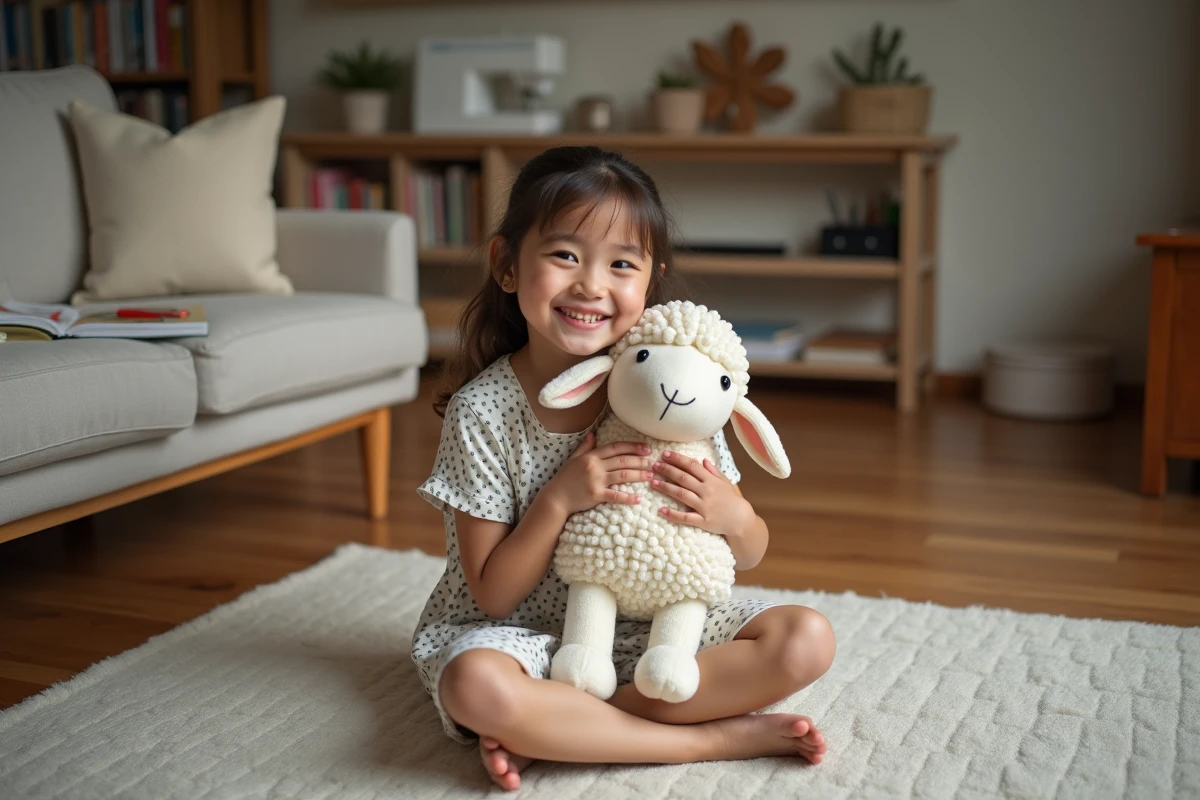 Jeune fille souriante avec peluche mouton dans un salon familial