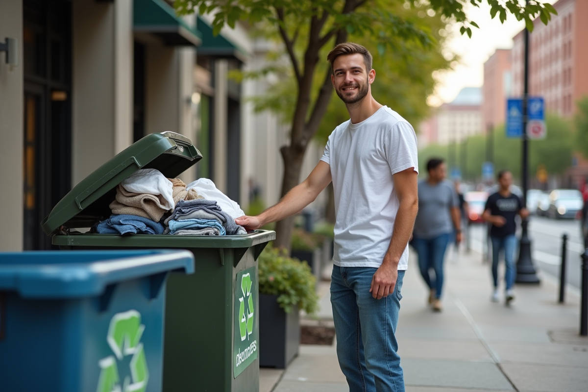 Jeune homme donnant des vêtements dans une borne de recyclage urbaine