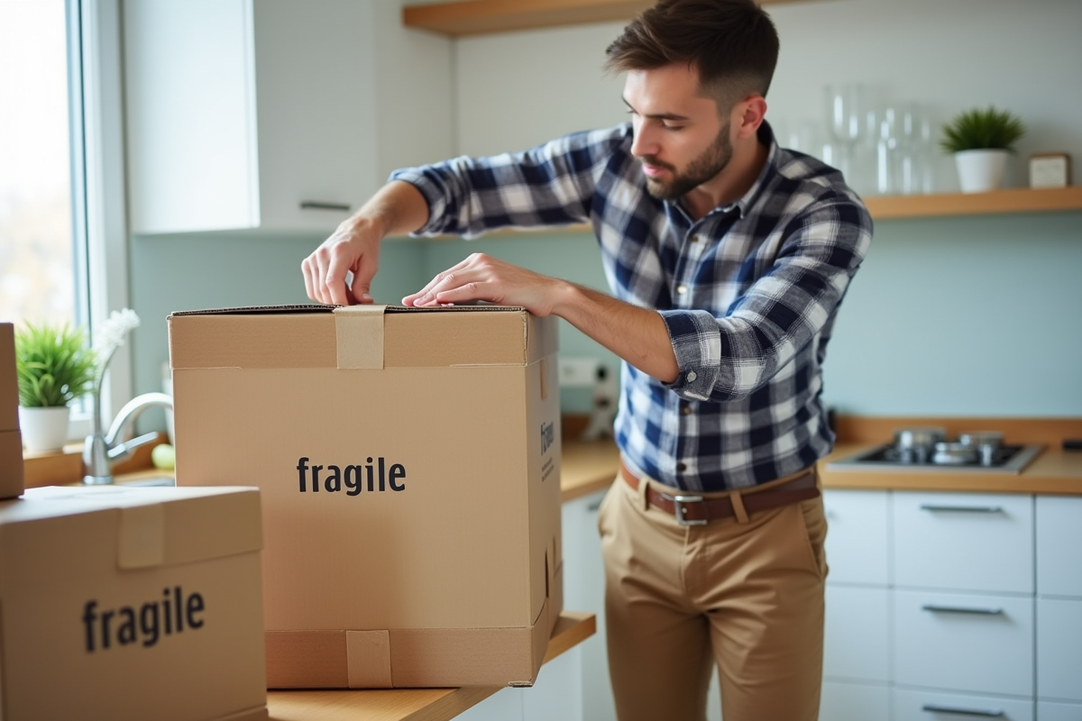 Jeune homme scellant une boîte fragile en cuisine