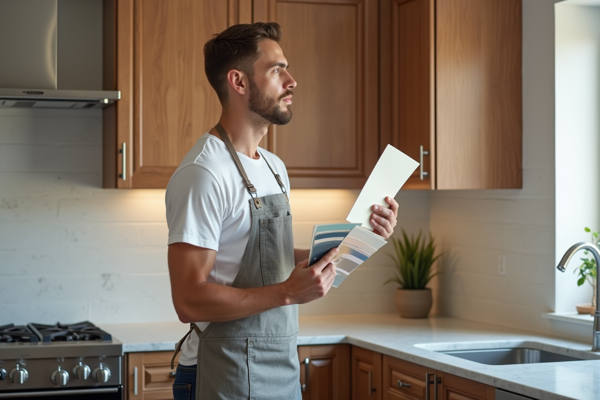 Jeune homme choisissant des échantillons de couleur pour la rénovation