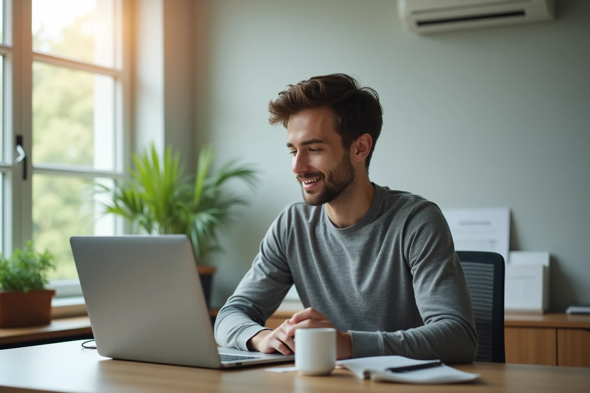 Jeune homme dans un bureau à domicile contrôlant la qualité de l