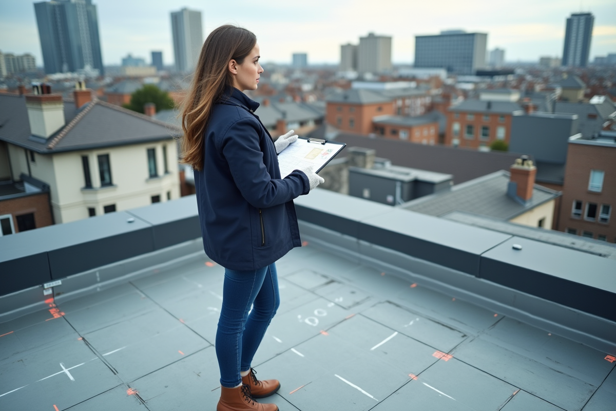 Jeune femme surveyante sur un toit de ville moderne
