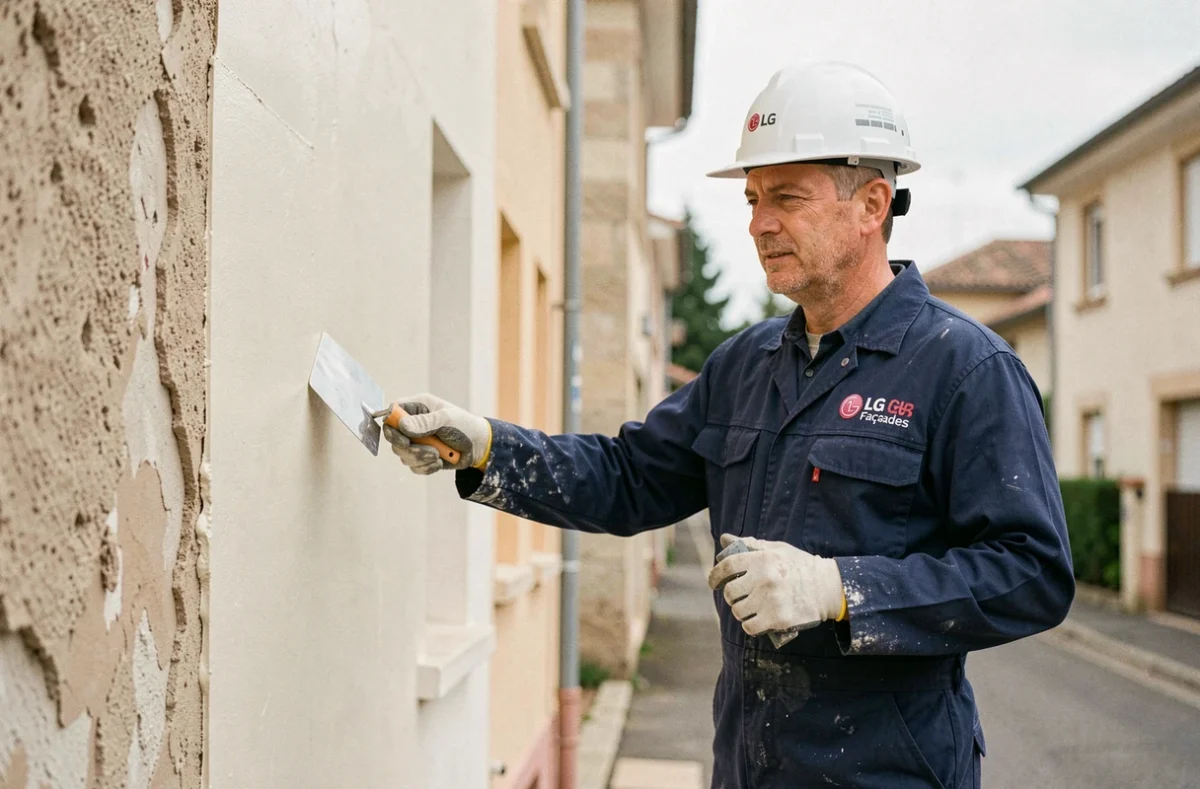 Technicien de LG Façades appliquant un enduit lisse sur la façade d'une maison résidentielle toulousaine