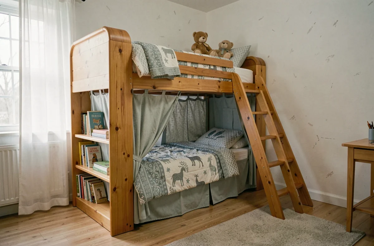 Lit cabane superposé en bois avec toboggan et niche de lecture dans une chambre d'enfant cosy