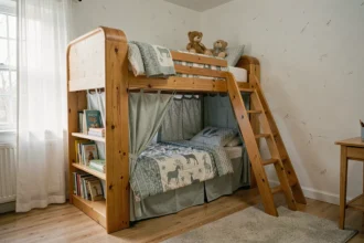 Lit cabane superposé en bois avec toboggan et niche de lecture dans une chambre d'enfant cosy
