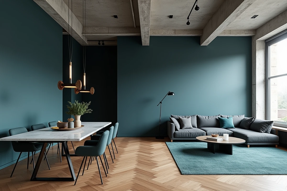 Loft ouvert avec salon et salle à manger unifiés par une couleur bleu ardoise continue sur tous les murs