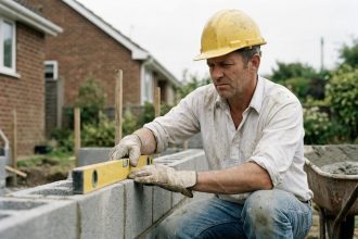 Maçon professionnel posant des parpaings pour une extension de maison dans un jardin résidentiel