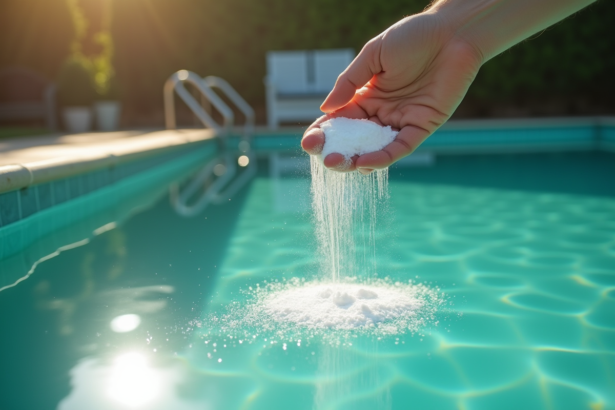 Main saupoudrant du bicarbonate dans une piscine verte