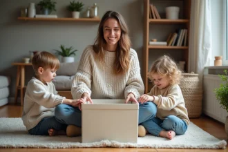 Maman et ses enfants organisent des boîtes de rangement dans le salon