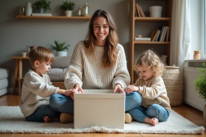 Maman et ses enfants organisent des boîtes de rangement dans le salon