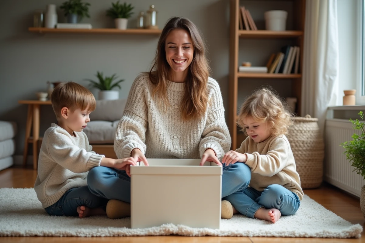 Maman et ses enfants organisent des boîtes de rangement dans le salon