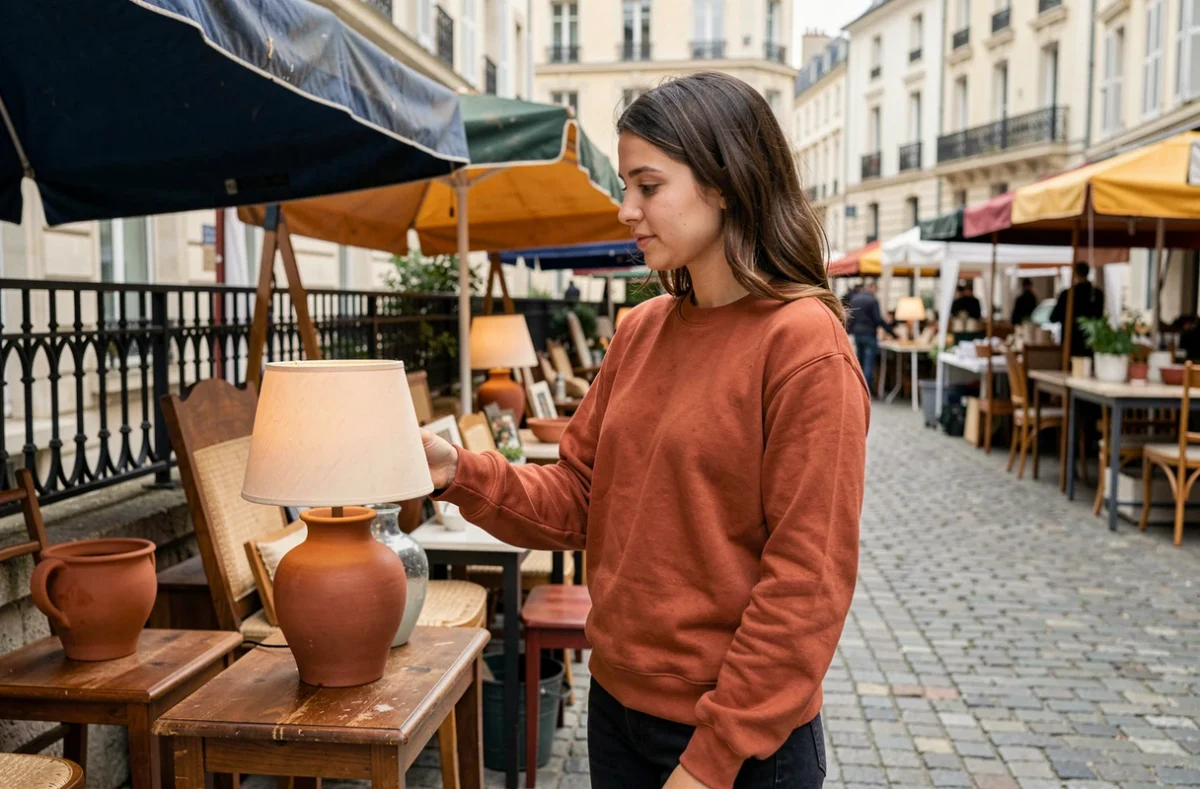 Jeune femme examinant une lampe en céramique de seconde main sur un marché aux puces urbain issu d'un service de débarras
