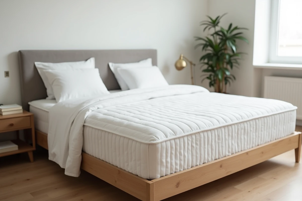 Matelas Duvivier haut de gamme sur cadre de lit en bois dans une chambre épurée de style scandinave