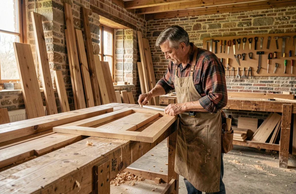 Menuisier professionnel dans un atelier artisanal des Yvelines, mesurant un cadre de porte en bois avec des outils traditionnels