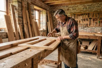Menuisier professionnel dans un atelier artisanal des Yvelines, mesurant un cadre de porte en bois avec des outils traditionnels