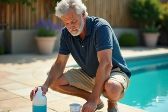 Homme mesurant la quantité de javel pour traiter une piscine trouble dans un jardin résidentiel