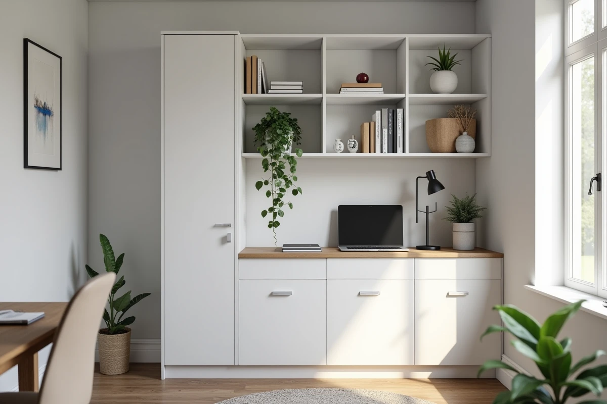 Meuble d'angle en kit blanc entièrement monté et installé dans un petit bureau à domicile moderne
