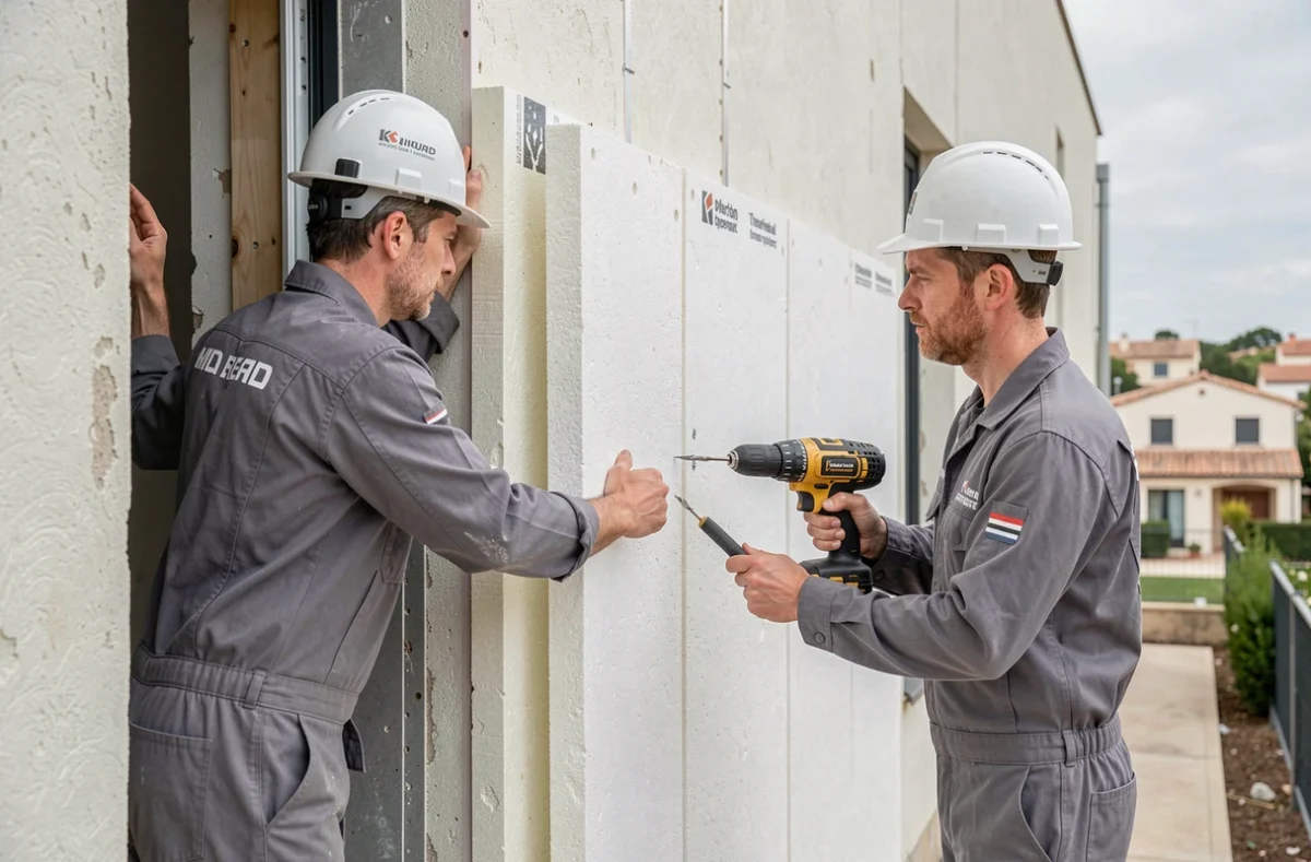 Équipe de Midi Façades posant des panneaux d'isolation thermique par l'extérieur sur un immeuble résidentiel en Languedoc