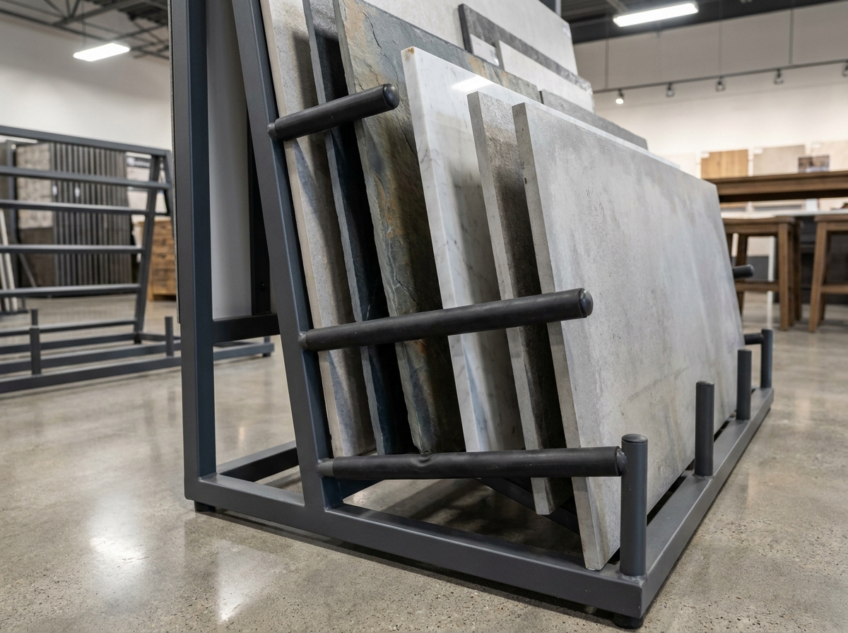 Présentoir carrelage en acier robuste avec des bras rembourrés tenant des échantillons de carrelage grand format en pierre et porcelaine