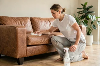Femme nettoyant un canapé en cuir marron d'occasion avec un produit nettoyant cuir adapté dans un salon moderne
