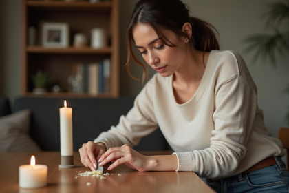 Femme nettoyant la cire de bougie sur une table en bois