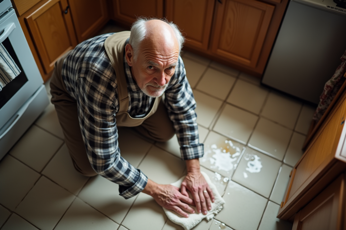 Homme âgé nettoyant la cire de bougie sur le sol de la cuisine