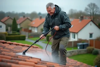 Homme nettoyant un toit en tuiles avec une pression