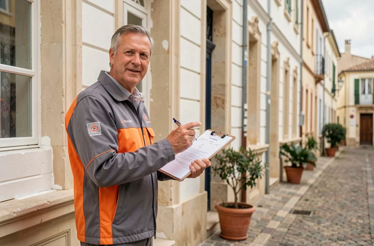 Chef de chantier d'Occitanie Façades Rénovation inspectant une façade rénovée sur une maison de ville à Montpellier