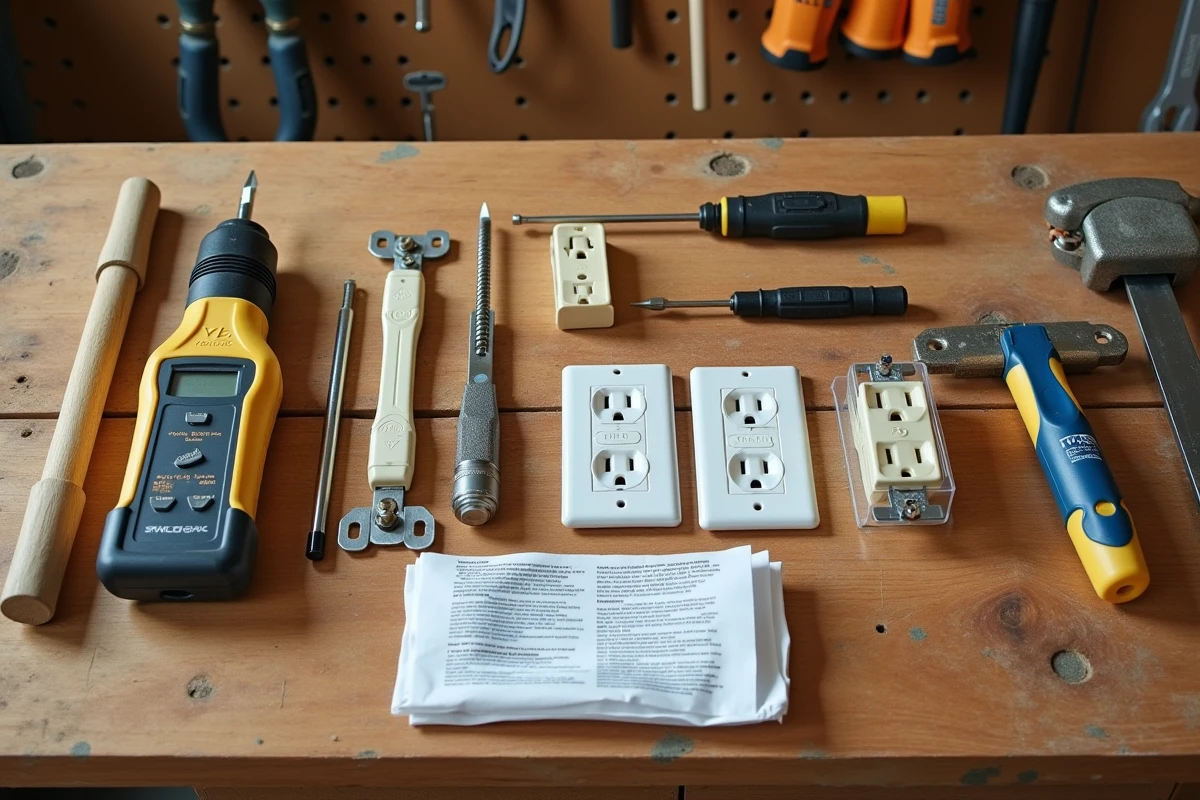 Vue aérienne des outils et matériaux nécessaires pour changer des prises de courant électriques