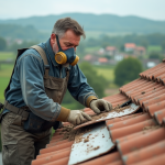 Ouvrier en protection retirant une toiture ancienne en campagne
