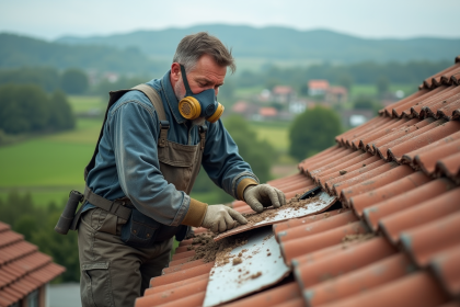 Ouvrier en protection retirant une toiture ancienne en campagne