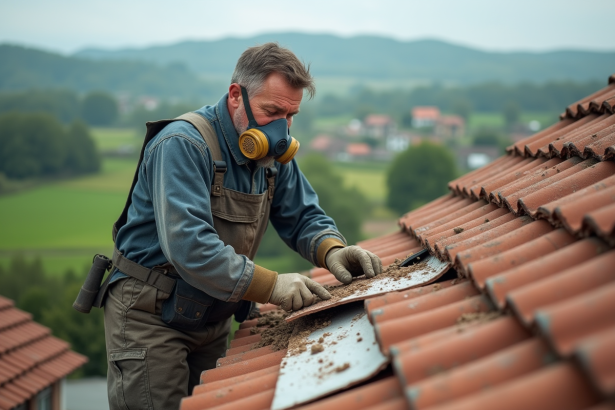Ouvrier en protection retirant une toiture ancienne en campagne