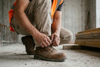 Ouvrier de chantier qui lacé ses chaussures de sécurité en cuir marron sur un sol en béton poussiéreux