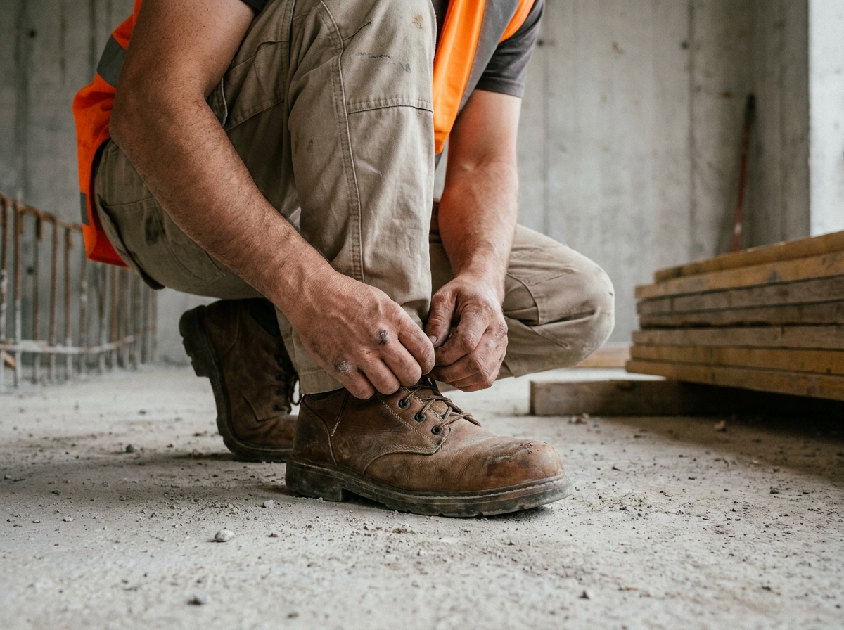 Ouvrier de chantier qui lacé ses chaussures de sécurité en cuir marron sur un sol en béton poussiéreux