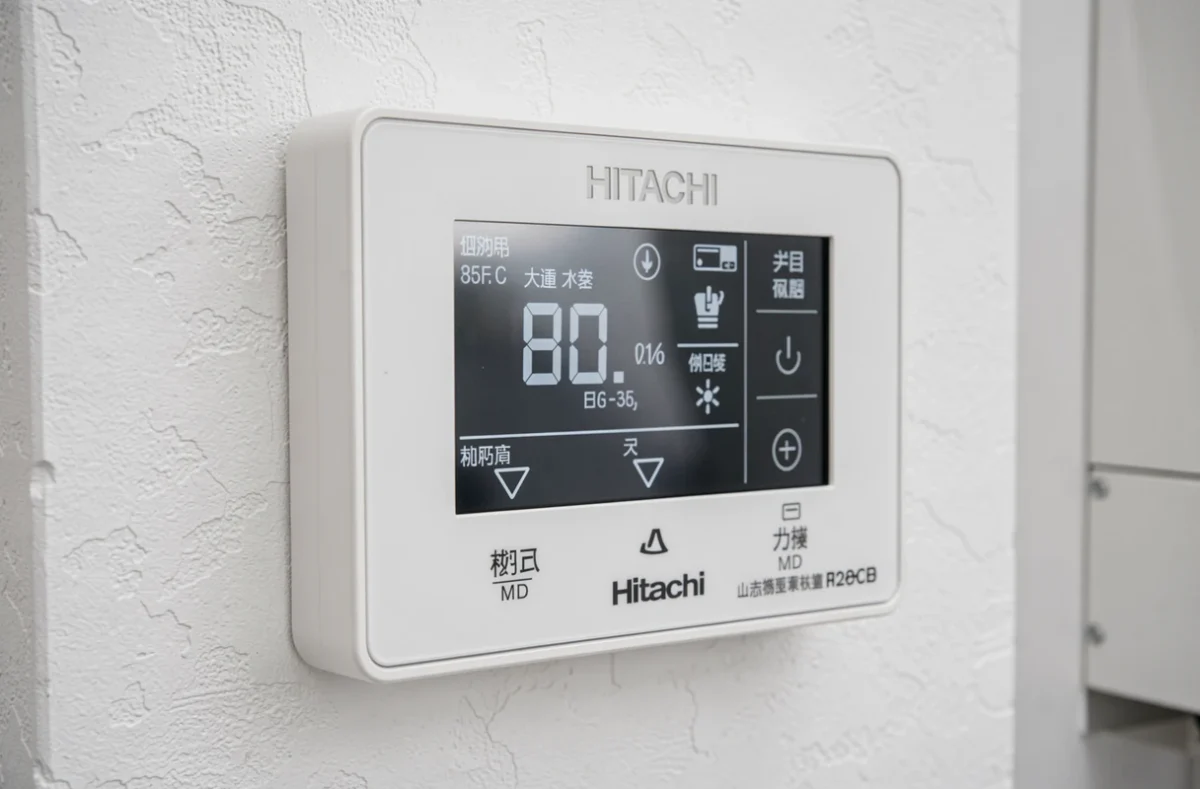 Gros plan sur le panneau de commande numérique d'une pompe à chaleur Hitachi avec affichage de la température
