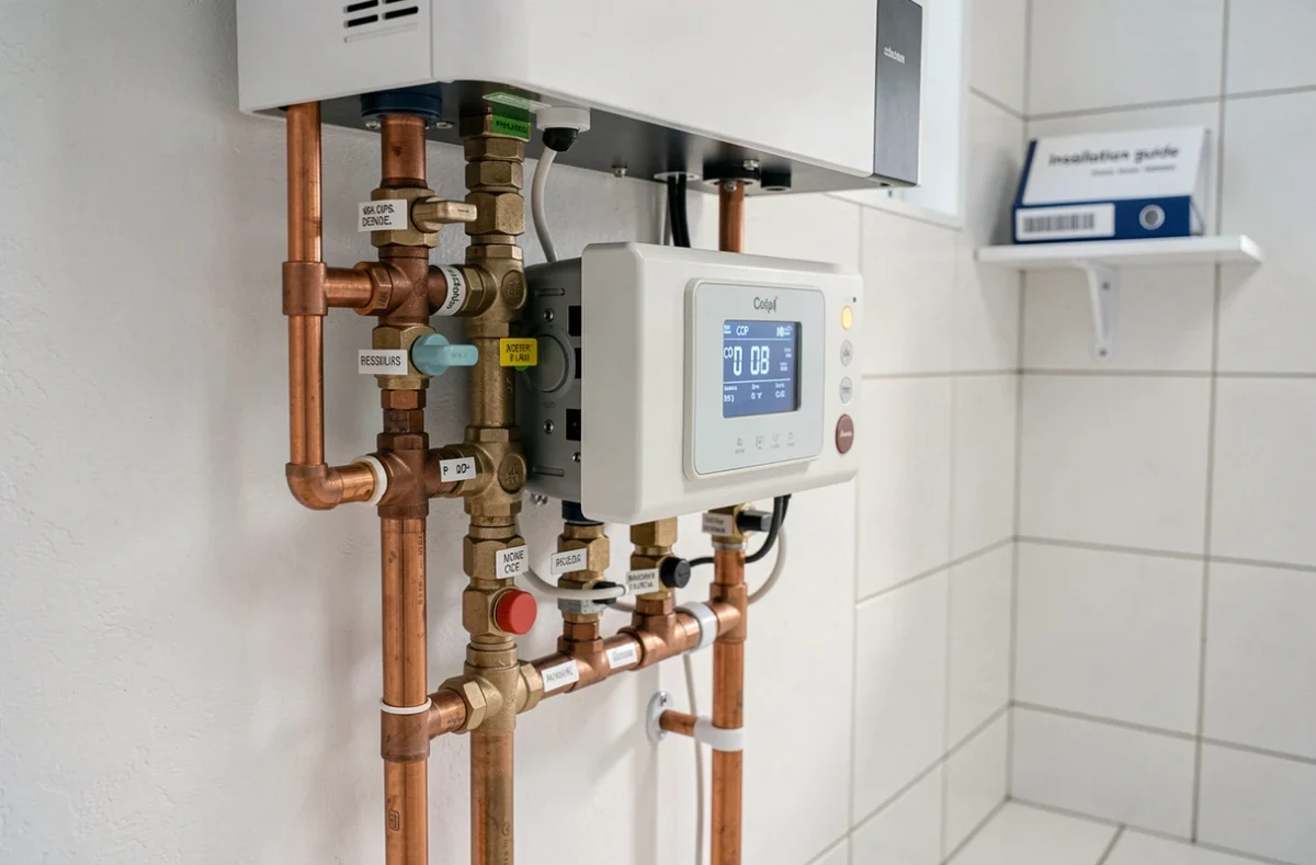 Panneau de contrôle et raccordements hydrauliques d'une pompe à chaleur air eau dans une chaufferie moderne
