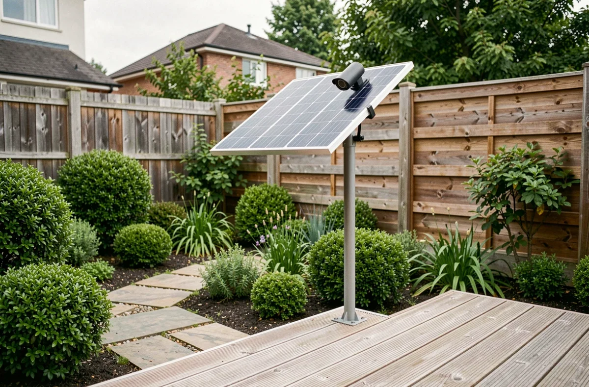 Panneau solaire avec caméra de surveillance intégrée dans un jardin résidentiel