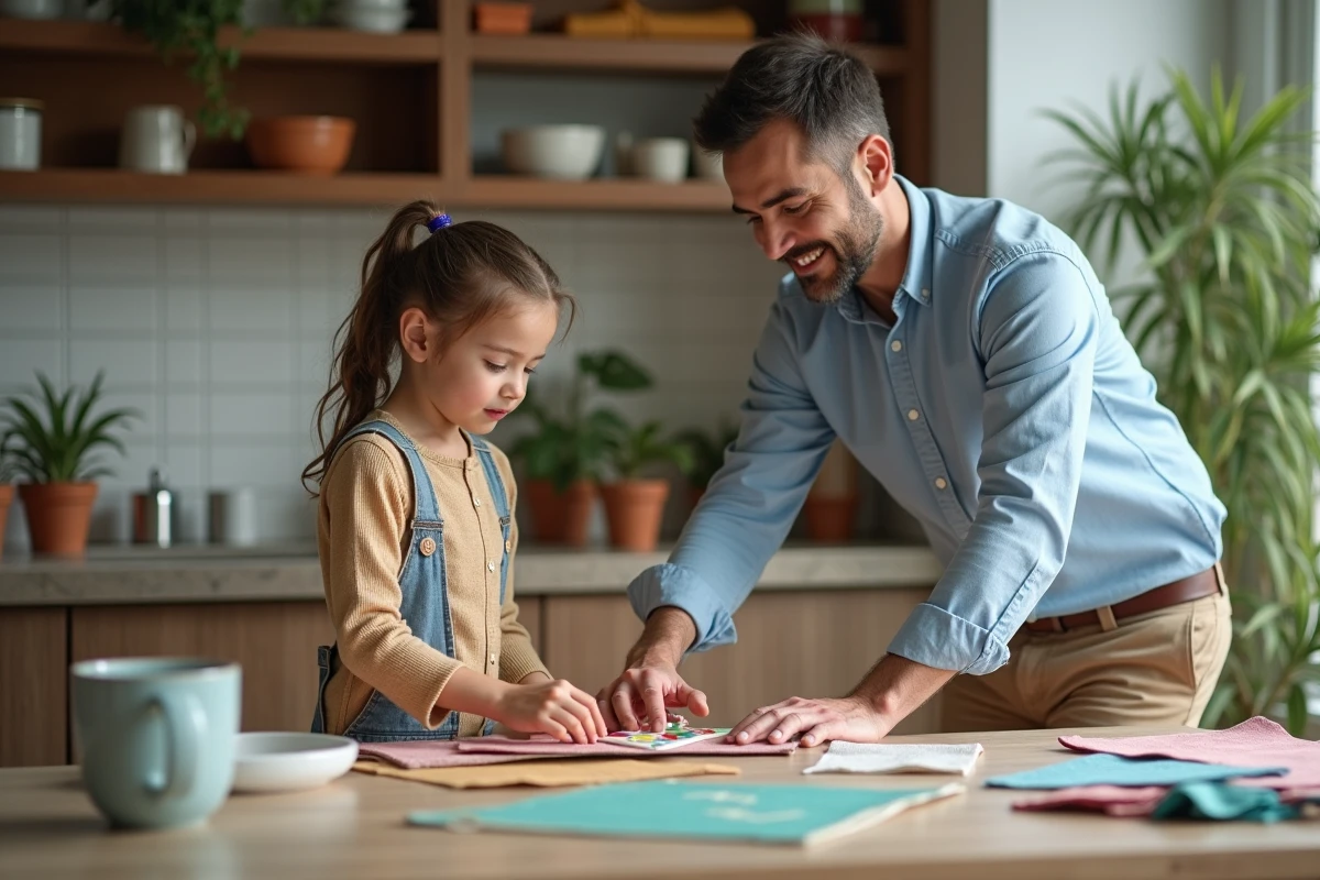 Père et fille choisissent des décorations murales dans la cuisine