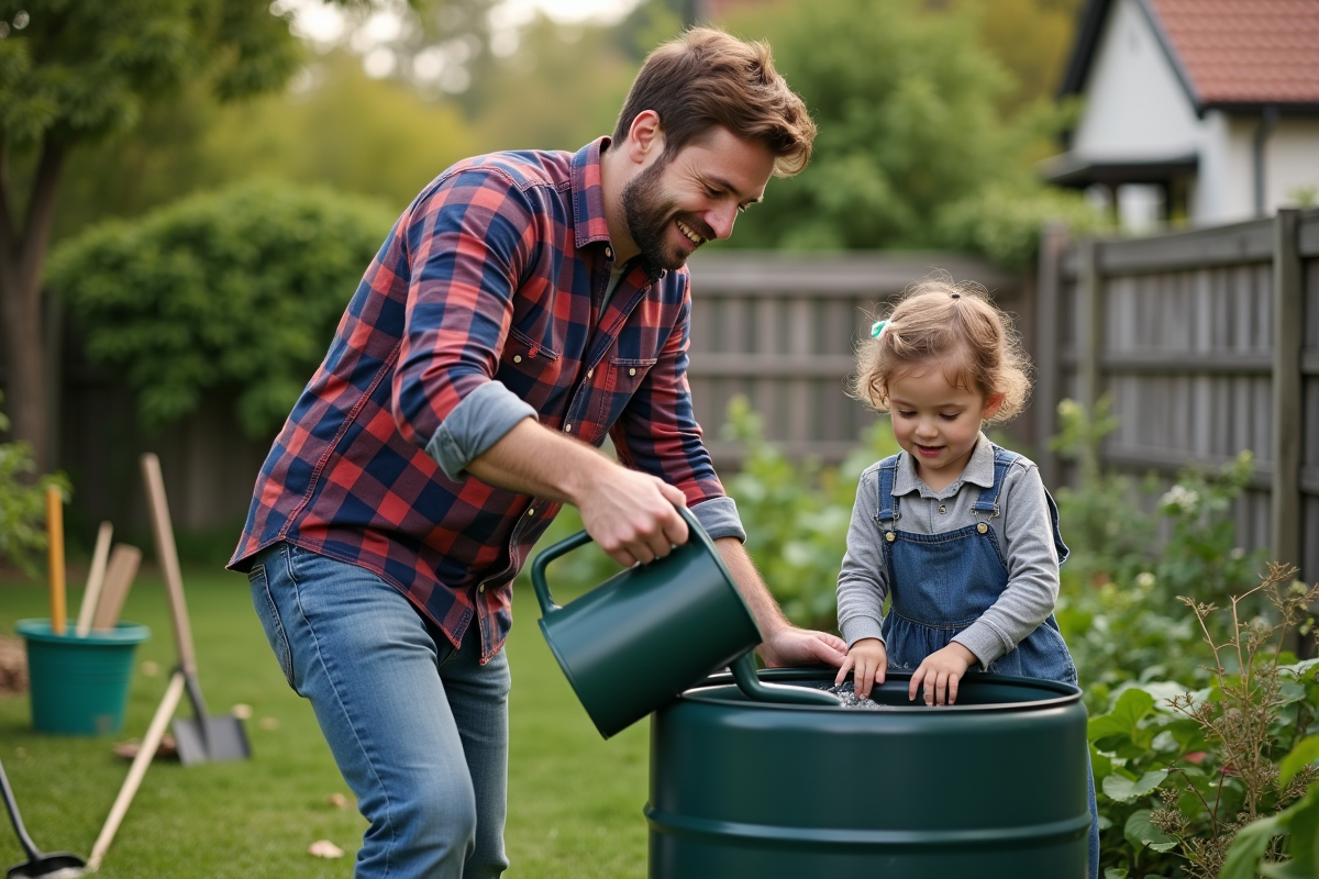 Père et fille apprenant à remplir un arrosoir dans le jardin