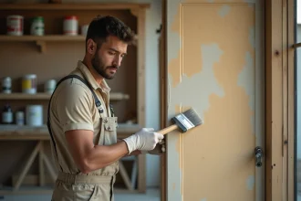 Peintre professionnel appliquant une sous-couche d'accrochage sur une porte en bois peinte à la glycéro sans ponçage préalable