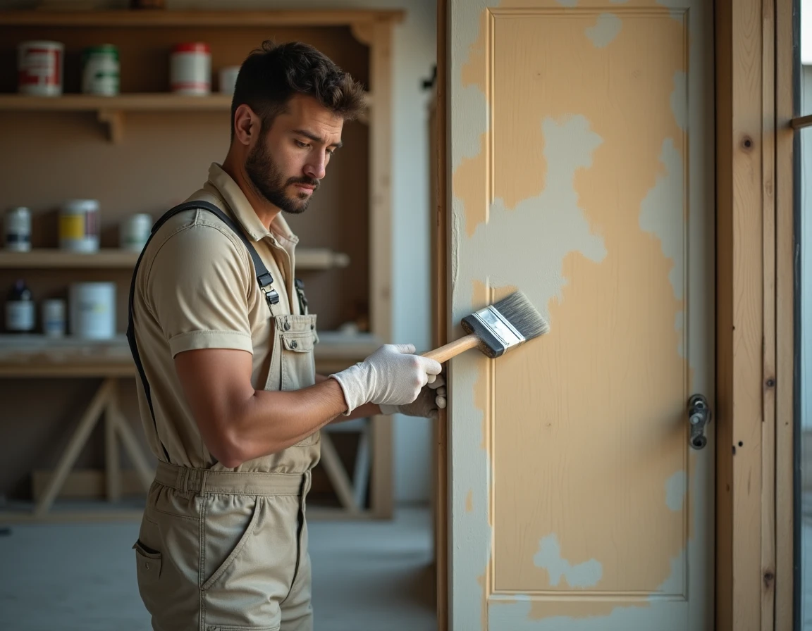 Peintre professionnel appliquant une sous-couche d'accrochage sur une porte en bois peinte à la glycéro sans ponçage préalable