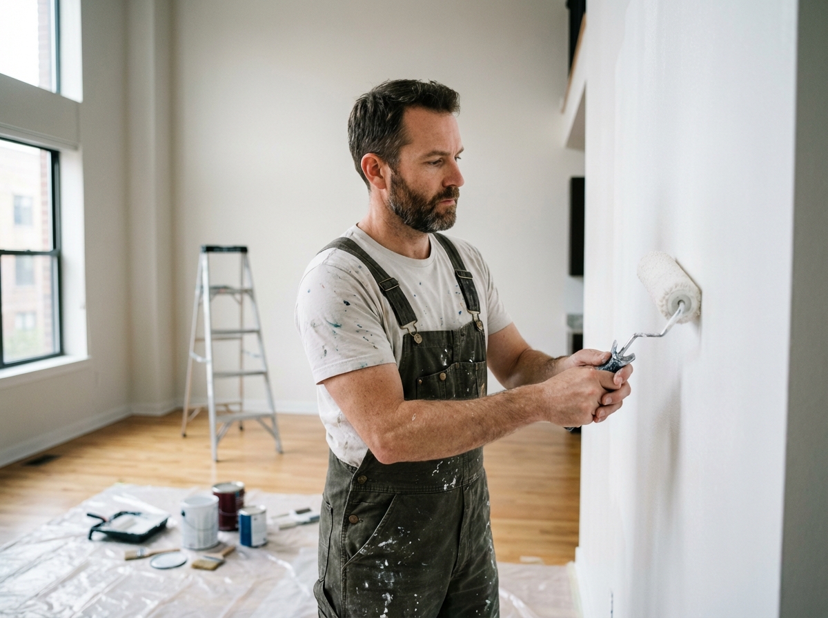 Peintre professionnel appliquant de la peinture blanche sur un mur