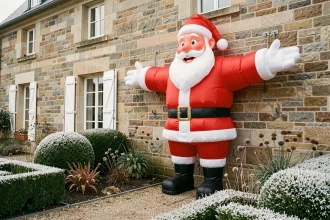 Père Noël géant gonflable installé sur la façade d'une maison en pierre, décoration extérieure de Noël impressionnante dans un jardin français hivernal